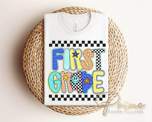 First Day of School DTF Transfer, Ready to Press, T-shirt Transfer, Heat Transfer, Direct to Film, Back to School, Neon, Checkered, Preppy