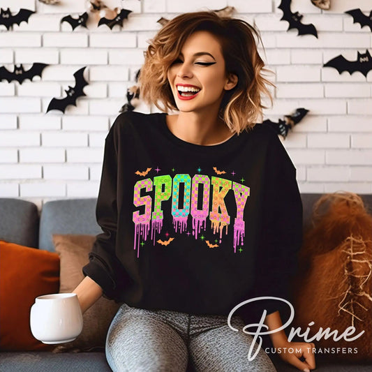 Drippy Neon Spooky DTF Transfer, Ready to Press, T-shirt Transfers, Heat Transfer, Direct to Film, Colorful, Checkered Halloween