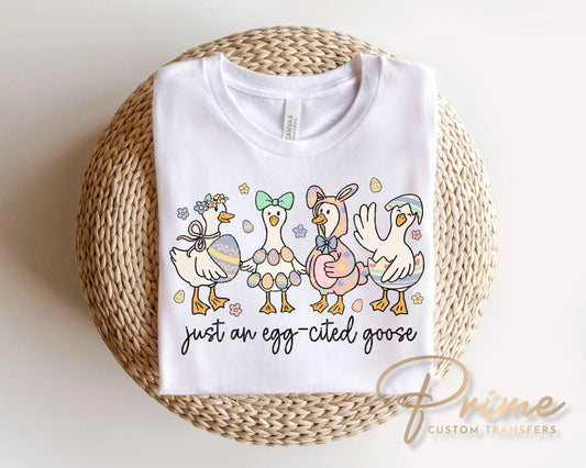 Just An Egg-cited Goose DTF Transfer, Easter T-shirt Design