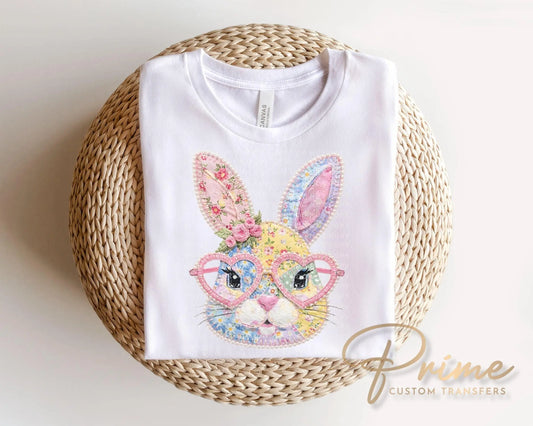 Patchwork Floral Bunny DTF Transfer | Trendy Easter Tshirt Design | Cottage Core Gingham Patchwork