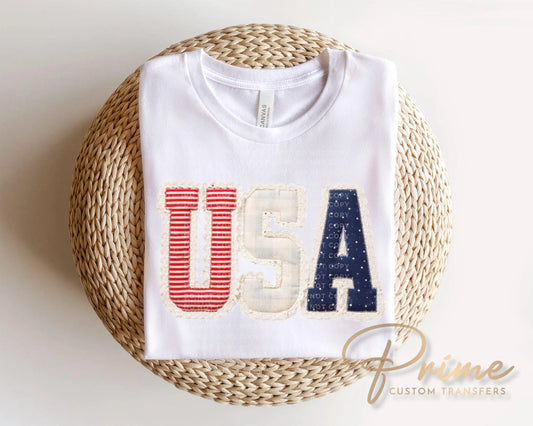 Faux Patchwork USA DTF Transfer, Ready to Press, Preppy 4th of July Tshirt Design