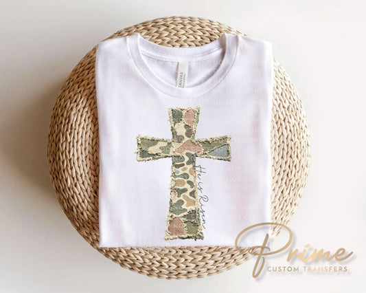 Patchwork Camo Cross DTF Transfer, He is Risen Easter T-shirt Design