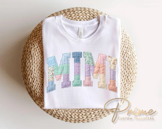 Patchwork Quilted Mimi DTF Transfer, Ready to Press Cottagecore Tshirt Design