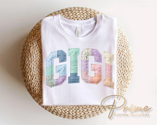 Patchwork Quilted Gigi DTF Transfer, Ready to Press Cottagecore Tshirt Design