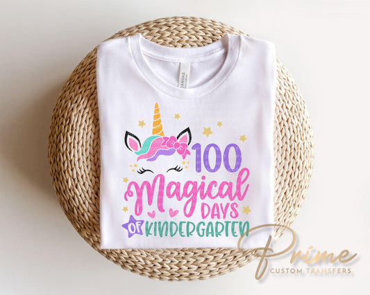 100 Magical Days of Kindergarten DTF Transfer, Girly Unicorn Tshirt Transfer