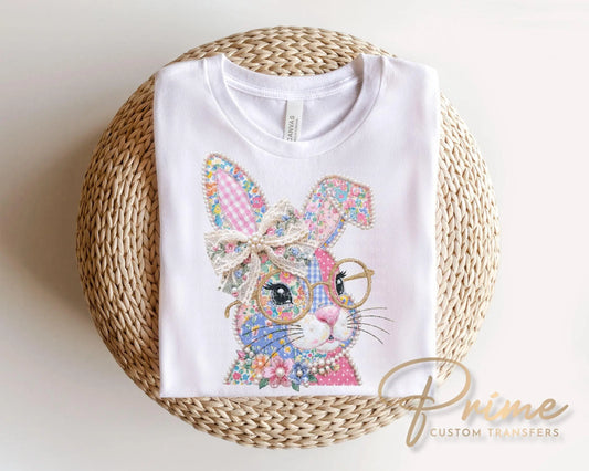 Patchwork Bunny DTF Transfer, Ready to Press, Quilted Tshirt Design