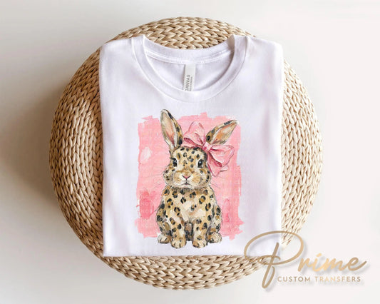 Leopard & Pink Bow Bunny DTF Transfer | Ready to Press, Coquette Easter Tshirt Design