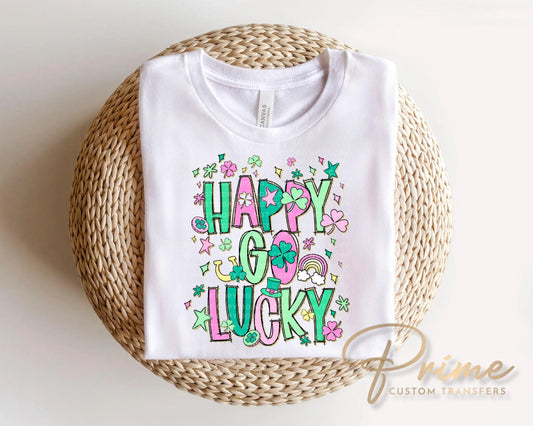 Happy Go Lucky DTF Transfer | Preppy St Patricks Tshirt Design