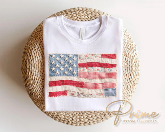 Faux Patchwork Flag DTF Transfer, Ready to Press, 4th of July Tshirt Design