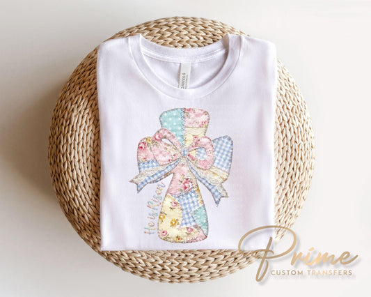 Patchwork Pastel Easter Cross DTF Transfer, He is Risen T-shirt Design