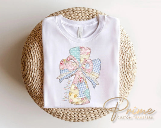 Patchwork Pastel Easter Cross DTF Transfer, He is Risen T-shirt Design