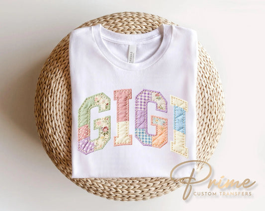 Patchwork Quilted Gigi DTF Transfer, Ready to Press Cottagecore Tshirt Design