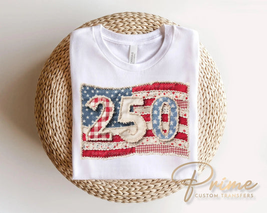 Faux Patchwork USA 250th Anniversary DTF Transfer, 4th of July Tshirt Design