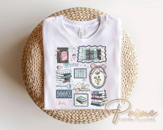 Book Lover Collage DTF Transfer, Ready to Press, Cottagecore Teacher Tshirt Design