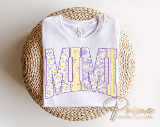 Spring Patchwork Mimi DTF Transfer, Ready to Press, Floral Mimi Tshirt Design