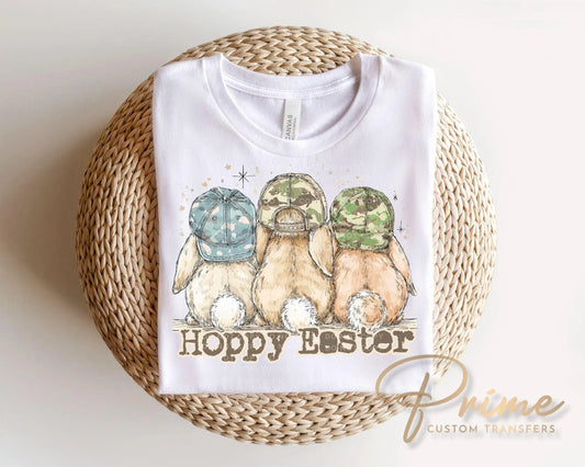 Hoppy Easter DTF Transfer, Ready to Press, Camo Bunnies Tshirt Design