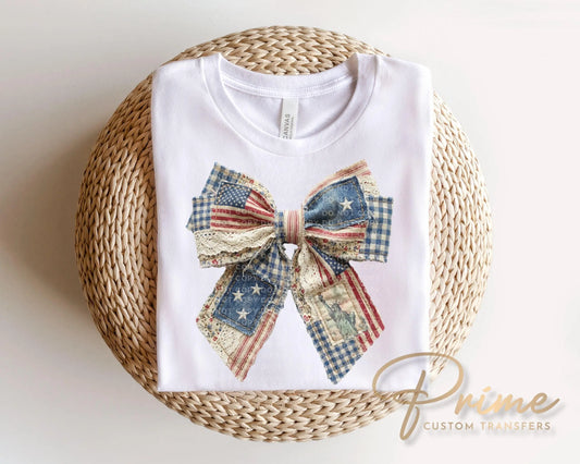 Patchwork 4th of July Bow DTF Transfer, Memorial Day, Coquette Patriotic Tshirt Design