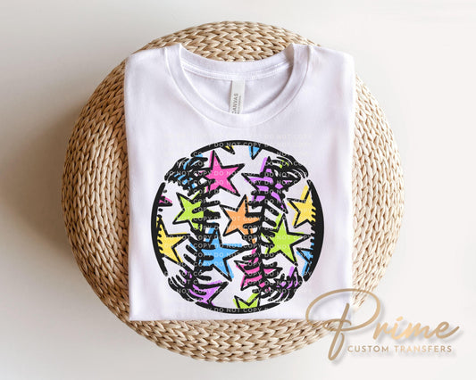 Doodle Star Baseball DTF Transfer, Ready to Press, Trendy Sport Mama Tshirt Design