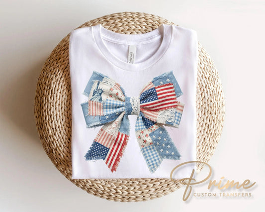Patriotic Patchwork Bow DTF Transfer, Memorial Day, Coquette 4th of July Tshirt Design