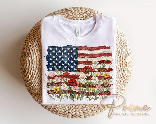 Floral American Flag DTF Transfer, Ready to Press, 4th of July Tshirt Design