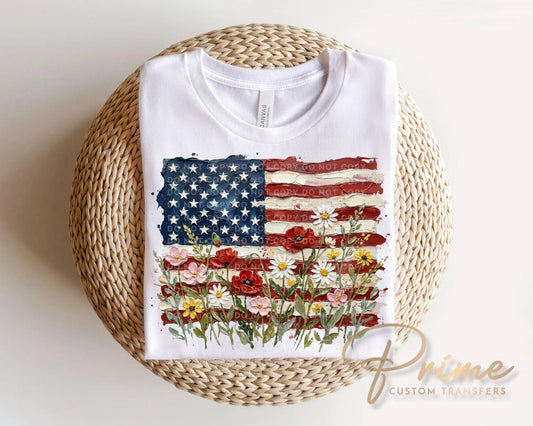 Floral American Flag DTF Transfer, Ready to Press, 4th of July Tshirt Design