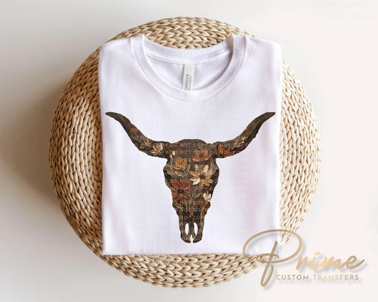 Brushstroke Floral Cow Skull DTF Transfer, Ready to Press, Western Cowgirl Tshirt Design
