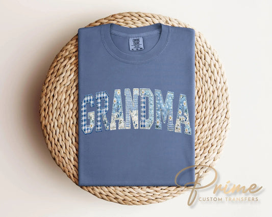 Grandma Blue Toile Patchwork DTF Transfer, Gift for Mother's Day, Grandmacore T-shirt Design