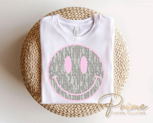 Camo Smiley Face DTF Transfer, Ready to Press, Camouflage Tshirt Design
