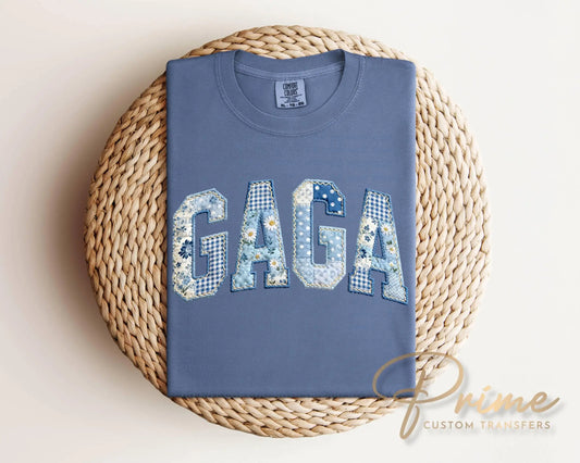 Gaga Blue Toile Patchwork DTF Transfer, Gift for Mother's Day, Grandmacore T-shirt Design