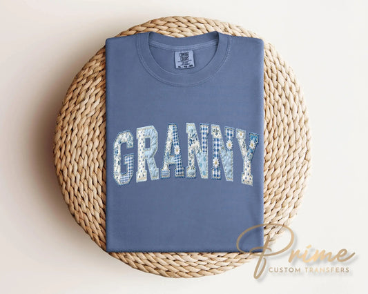 Granny Blue Toile Patchwork DTF Transfer, Gift for Mother's Day, Grandmacore T-shirt Design