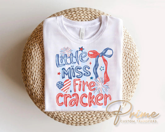 Little Miss Firecracker DTF Transfer, Ready to Press, 4th of July Kids Tshirt Design