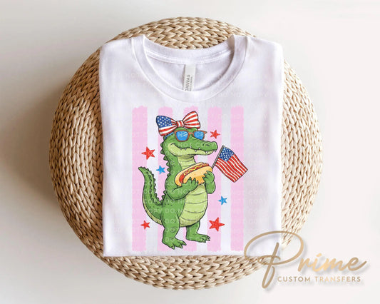 Patriotic Gator DTF Transfer, Ready to Press, Girls 4th of July Tshirt Design