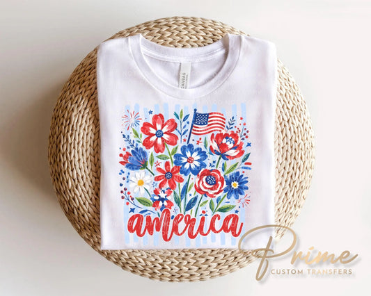 Striped Wildflower America DTF Transfer, Ready to Press, 4th of July Tshirt Design