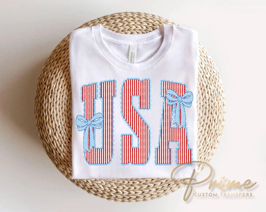 Seersucker Stripes USA with Bows DTF Transfer, 250 Anniversary, 4th of July Tshirt Design