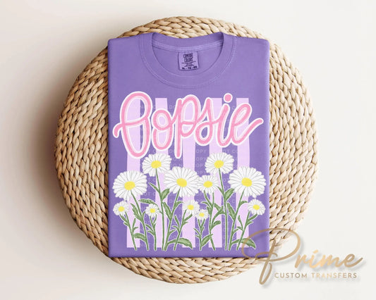Oopsie Daisy DTF Transfer, Ready to Press, Girly Floral Stripes Trendy T-shirt Design