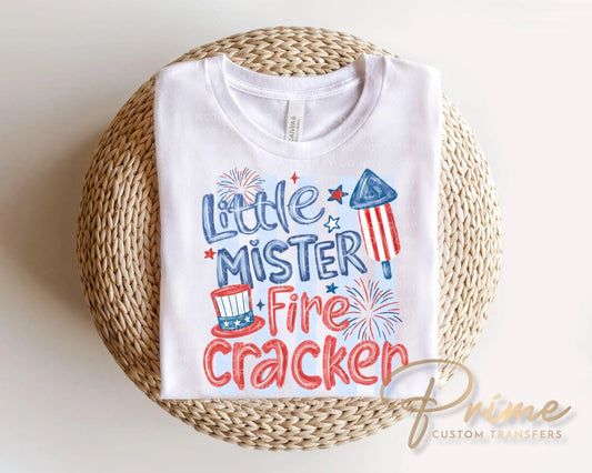 Little Mister Firecracker DTF Transfer, Ready to Press, Boys 4th of July Tshirt Design