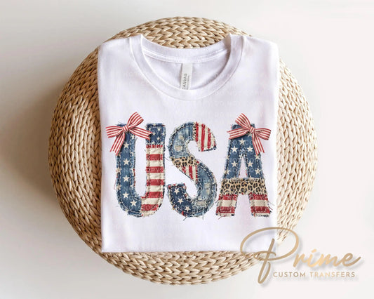 Faux Quilted USA DTF Transfer, Memorial Day, 4th of July Tshirt Design