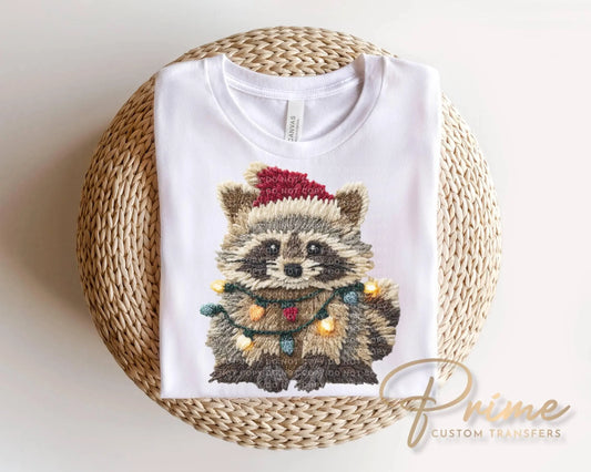Faux Latch Hook Feral Raccoon DTF Transfer, Ready to Press, Christmas Tshirt Design