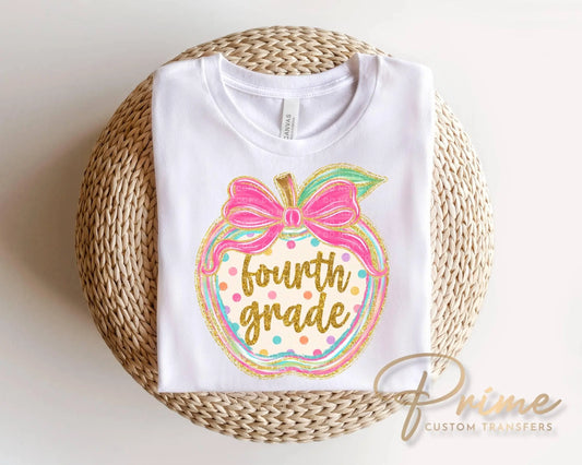 Fourth Grade Preppy Back to School DTF Transfer, Ready to Press, Coquette First Day of School Tshirt Design