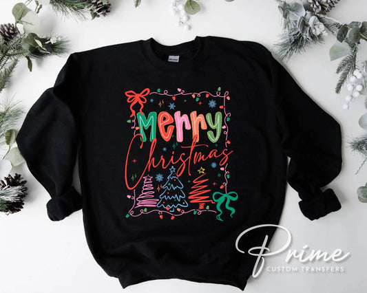 Preppy Christmas Doodle DTF Transfer, Ready to Press, Coquette Merry Christmas Tshirt Design