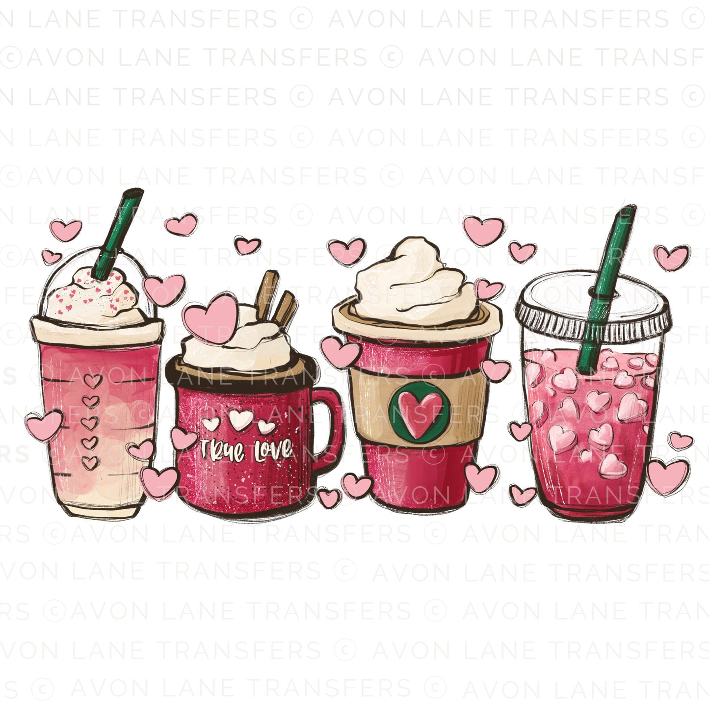 Valentine Lattes, Day DTF Transfers, Ready to Press, T-shirt Transfers, Heat Transfer, Valentine’s Day Direct to Film, Pink Latte