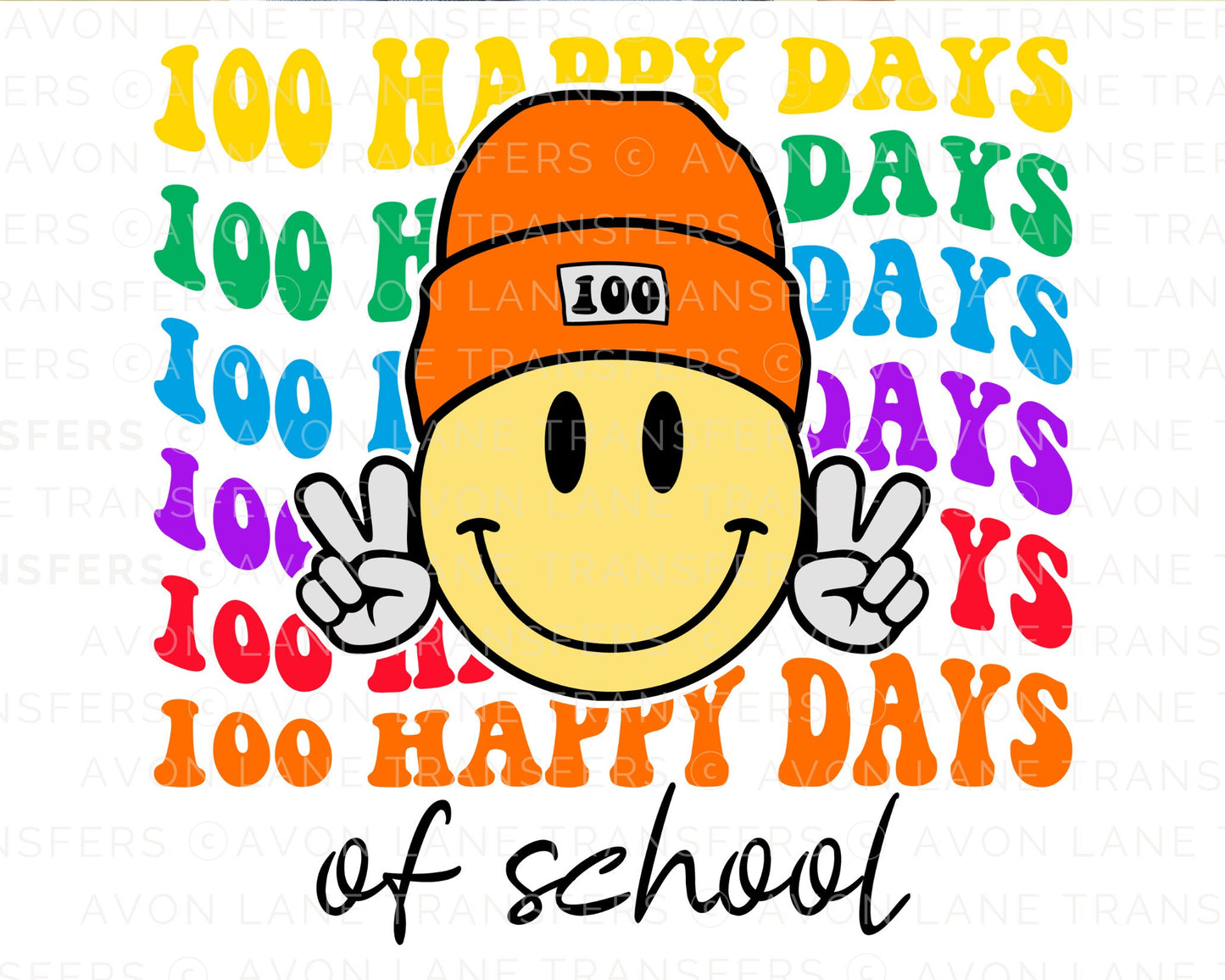 100 Happy Days of School, DTF Transfers, Ready to Press, T-shirt Transfers, Heat Transfer, Direct to Film, Smiley Face with Beanie