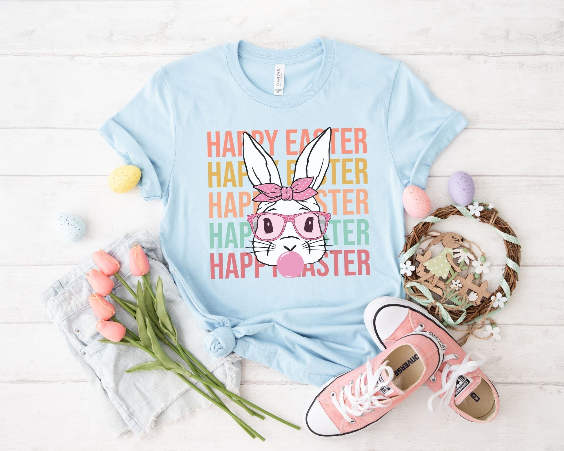 Happy Easter Stacked Bunny Rabbit dtf, Ready to Press, T-shirt Transfers, Heat Transfer, Direct to Film, Retro Easter, Groovy Hunny Bunny