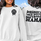 A direct to film transfer that says Somebody&#39;s Loud mouth Softball Mom. Back and front option. Front design is of baseball smiley face. The DTF transfer is a cold peel ready to press transfer.