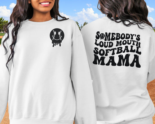 A direct to film transfer that says Somebody&#39;s Loud mouth Softball Mom. Back and front option. Front design is of baseball smiley face. The DTF transfer is a cold peel ready to press transfer.