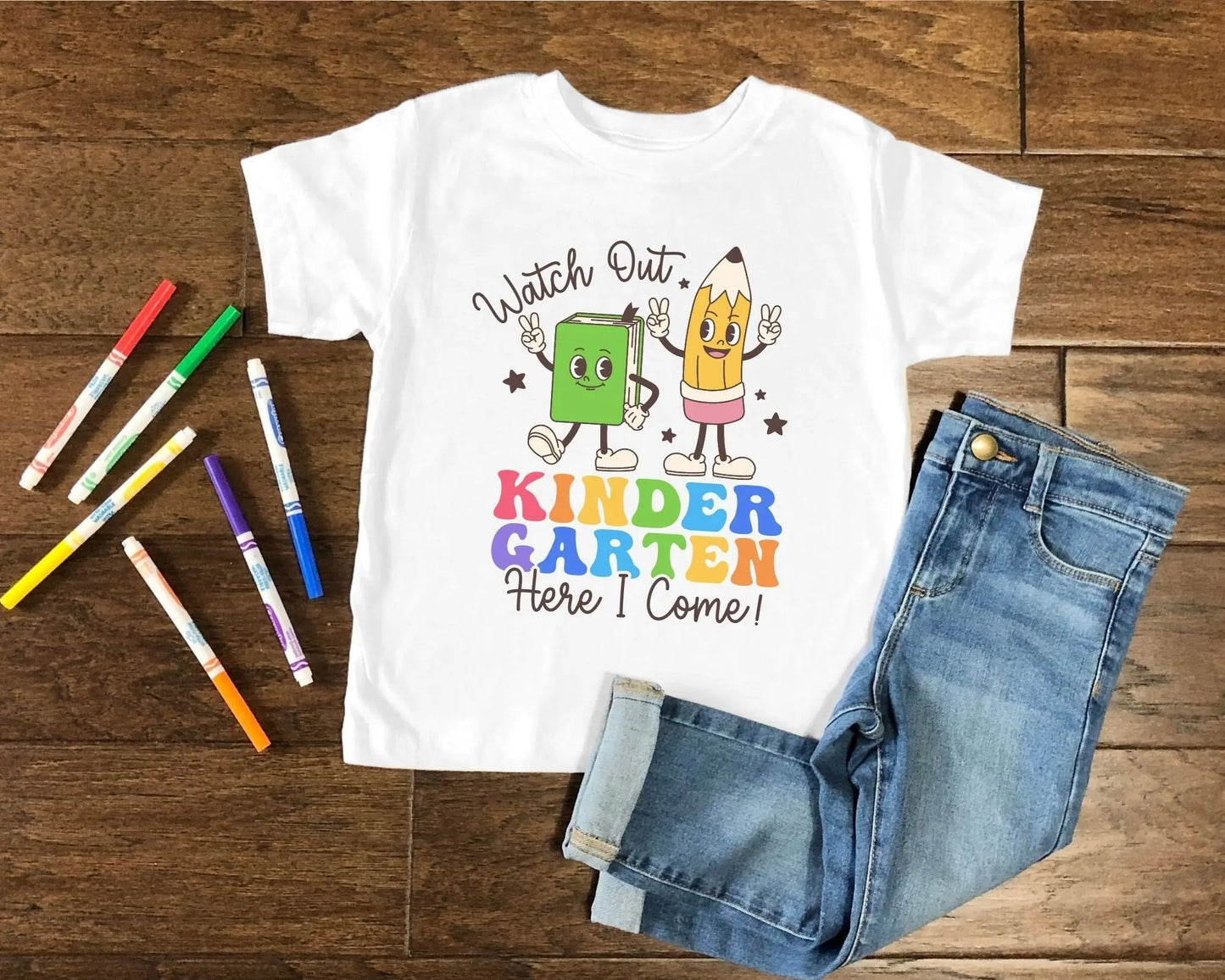 DTF Transfer, First Day of School, Heat Transfer, Ready to Press, Direct to Film, Pencil, Book, Retro, Watch Out Kindergarten Here I Come