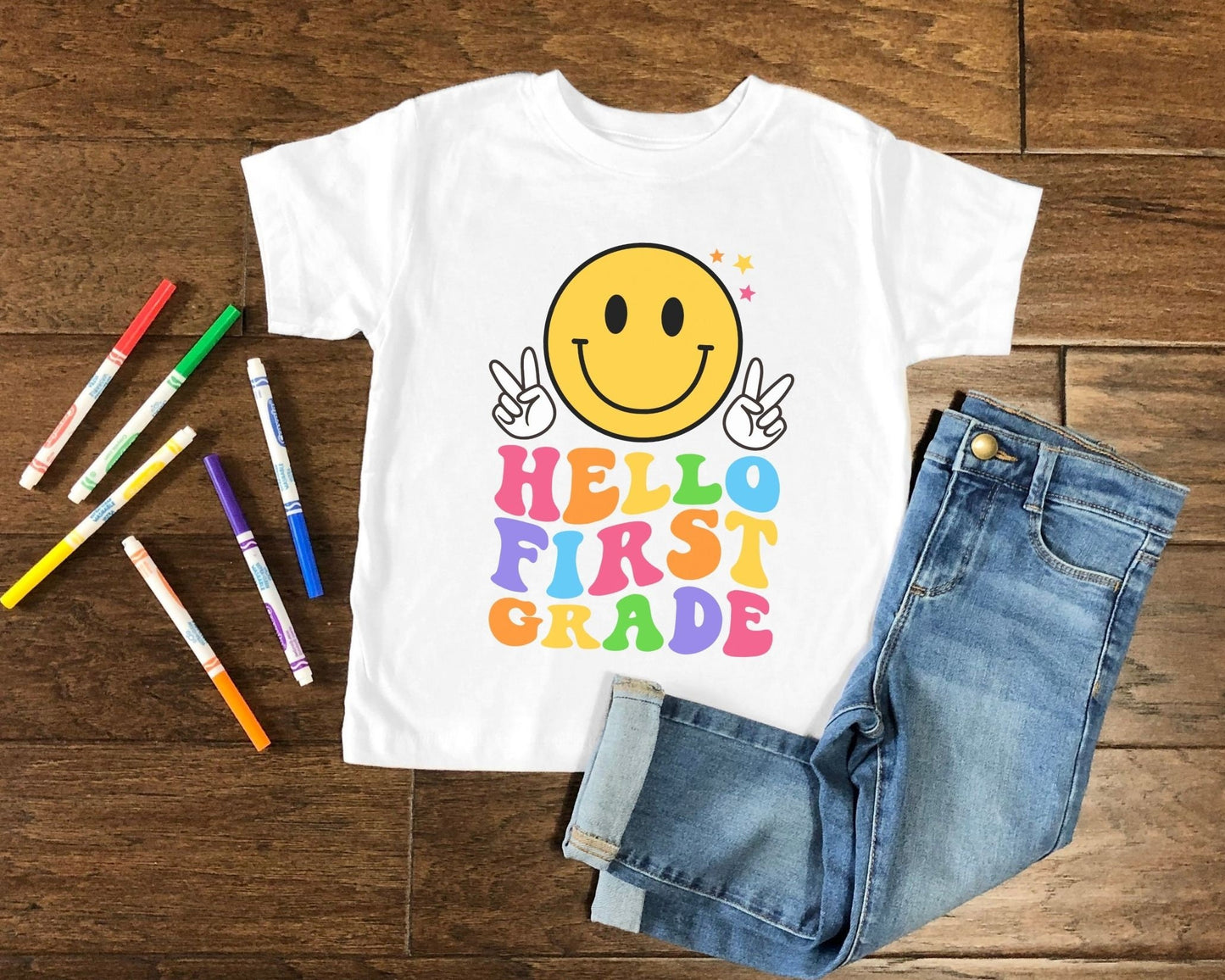 Hello First Grade DTF transfer, First Day of School, Heat Transfer, Ready to Press, Direct to Film, Back to School, First Grade, Smiley