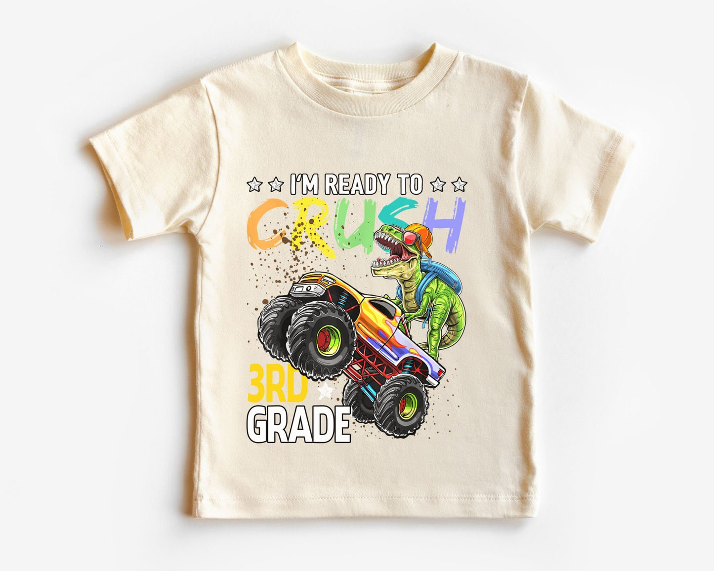 DTF transfer, First Day of School, Heat Transfer, Ready to Press, Direct to Film, Back to School, Ready to Crush Third Grade Dinosaur Truck