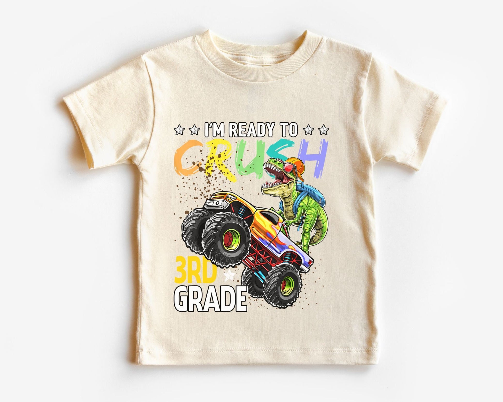 DTF transfer, First Day of School, Heat Transfer, Ready to Press, Direct to Film, Back to School, Ready to Crush Third Grade Dinosaur Truck