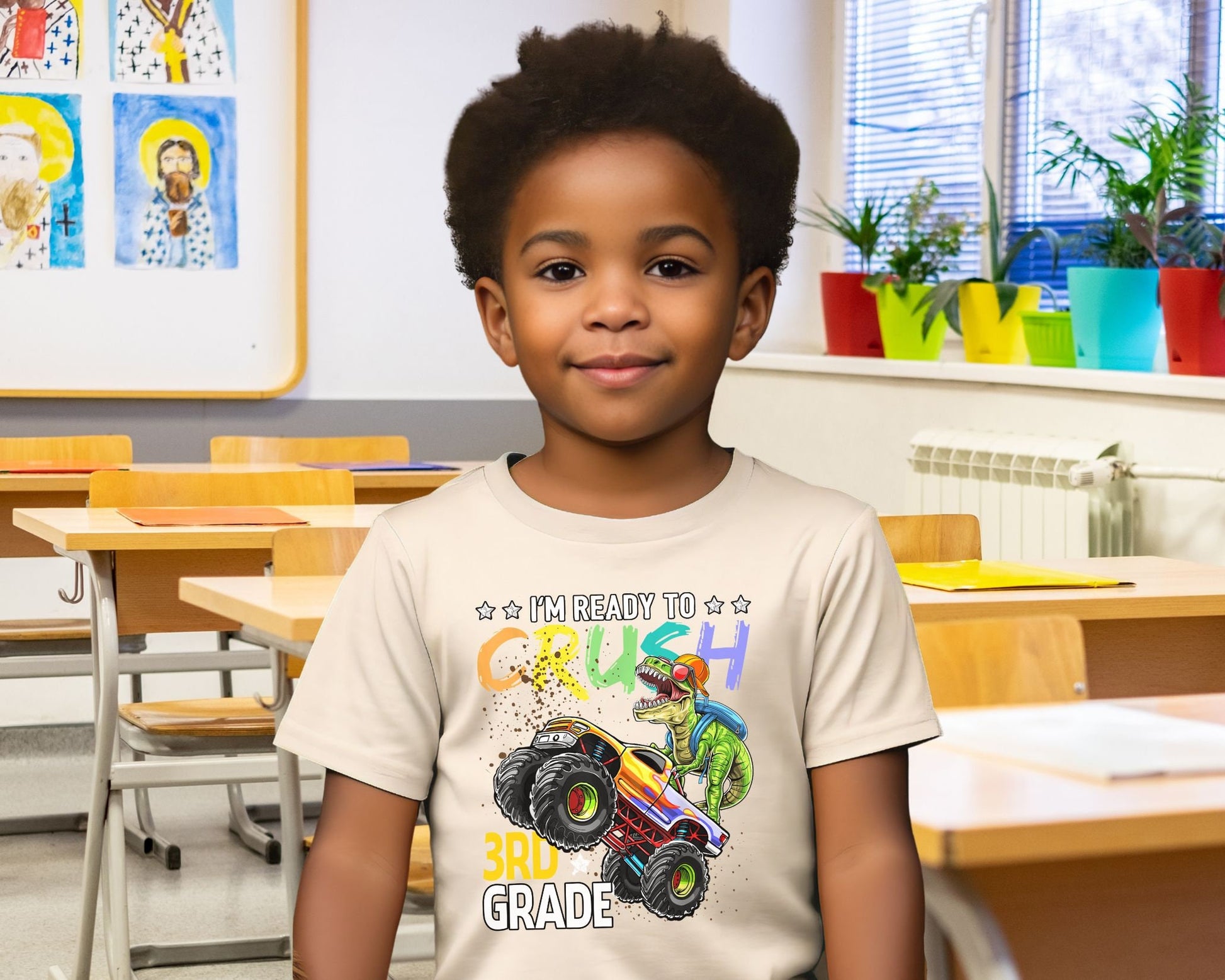 DTF transfer, First Day of School, Heat Transfer, Ready to Press, Direct to Film, Back to School, Ready to Crush Third Grade Dinosaur Truck